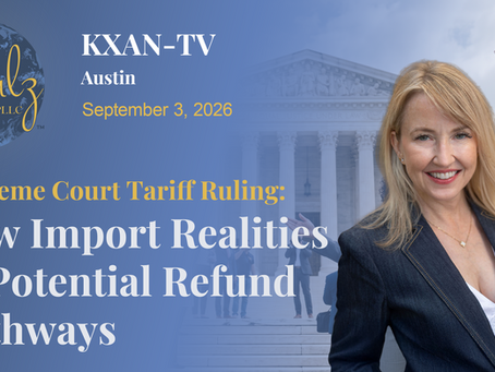 KXAN-TV Austin graphic on Supreme Court tariff ruling, with smiling blonde woman, U.S. flag, and blue law-firm branding