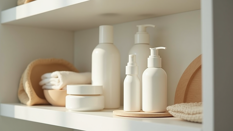 Close-up of a shelf with various self-care beauty products