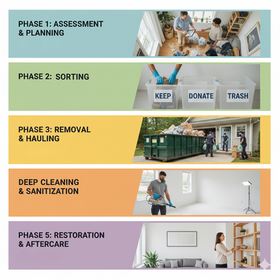 Infographic illustrating the five phases of a professional hoarding cleanup process: Phase 1: Assessment & Planning (consultation in a cluttered room). Phase 2: Sorting (hands sorting items into bins labeled KEEP, DONATE, and TRASH). Phase 3: Removal & Hauling (crew loading items into a large dumpster outside a house). Phase 4: Deep Cleaning & Sanitization (cleaner with a mask using equipment in an empty white room). Phase 5: Restoration & Aftercare (a person organizing a shelf in a clean, minimalist living space).