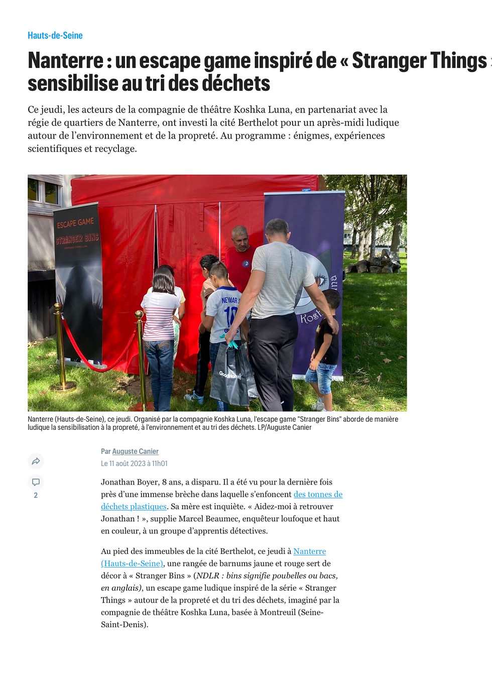 Article du Parisien sur Stranger Bins