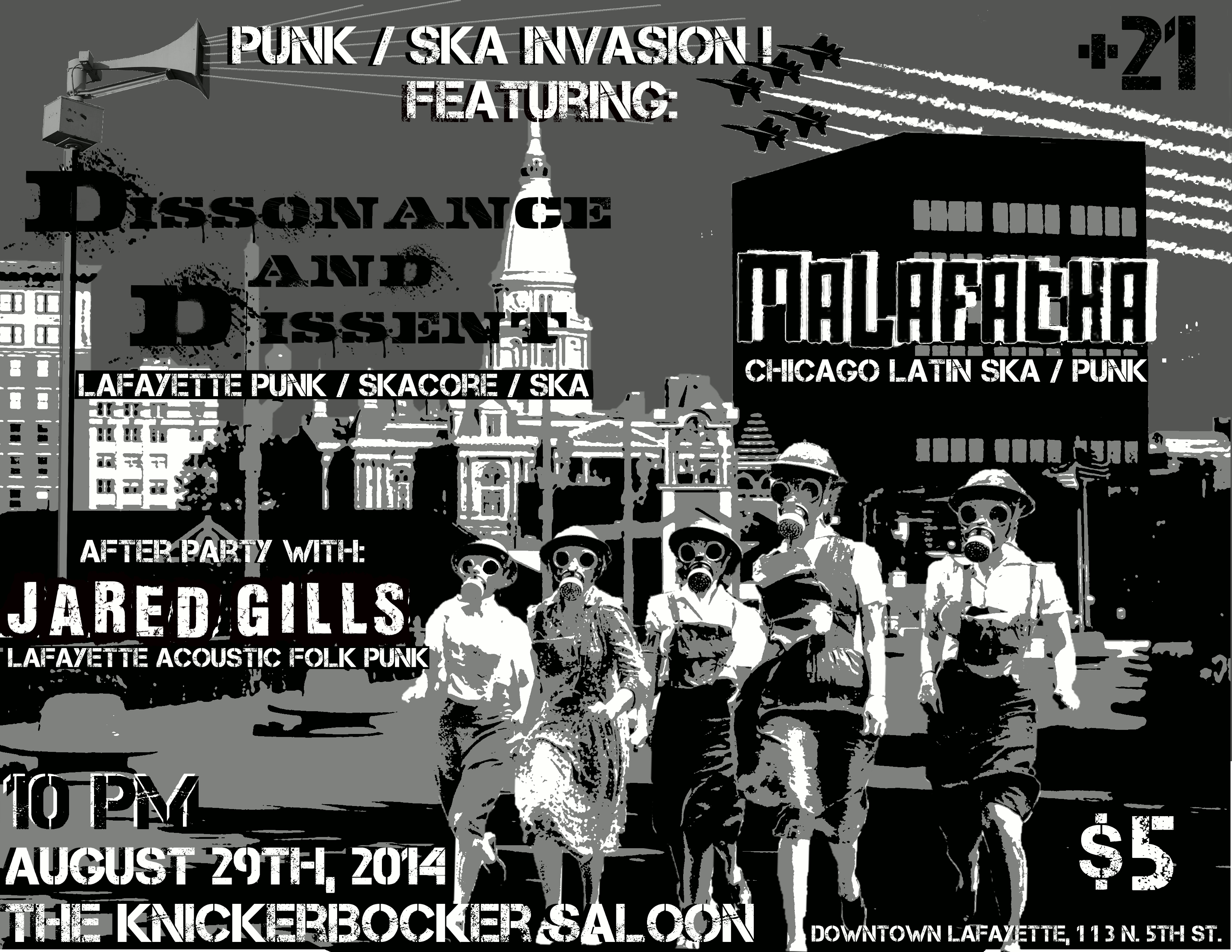 Punk/Ska Invasion concert poster, Dissonance and Dissent with Malafacha, and Jared Gills, August 29th 2014, at The Knickerbocker Saloon, Lafayette, IN