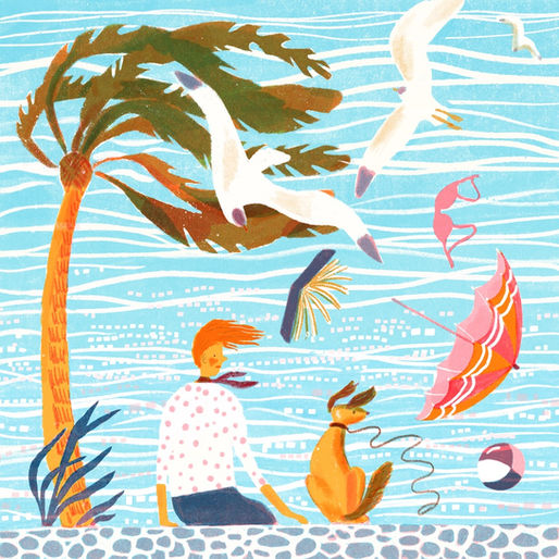 Wind blowing at the seaside. Umbrella and book flying in the air pass the girl and her dog.