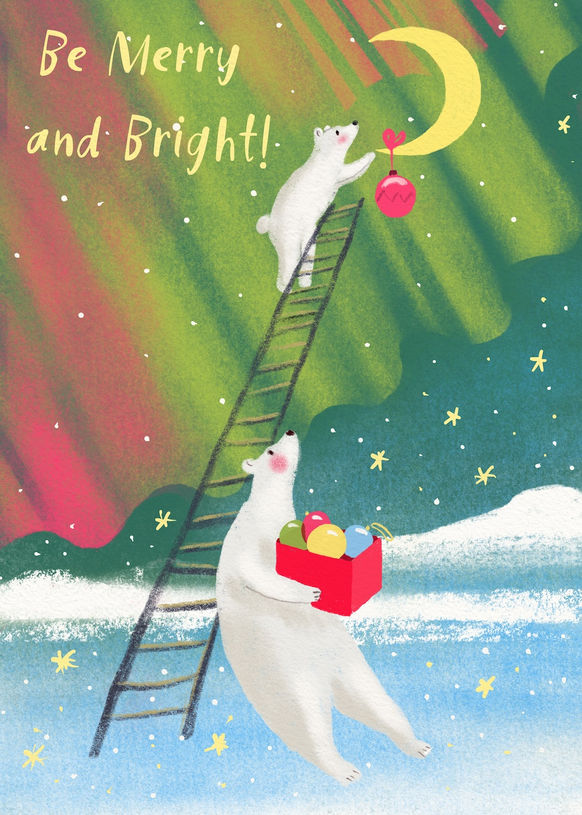 Polar bears decorating the moon. Christmas card.