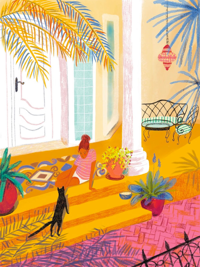 Girl sitting on the front porch of the house with a black cat .