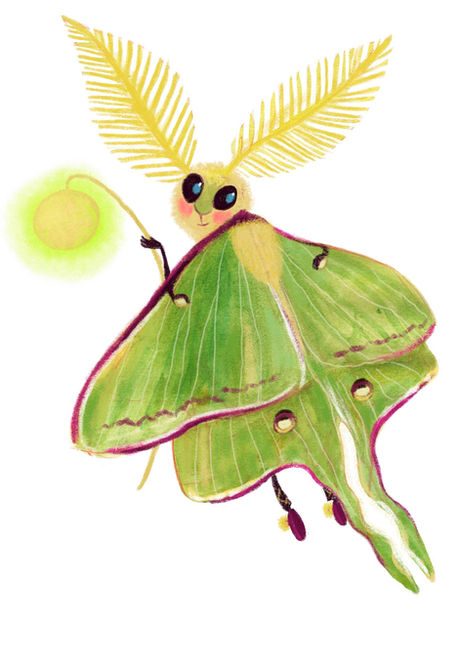 Cute Luna moth holding a little lantern