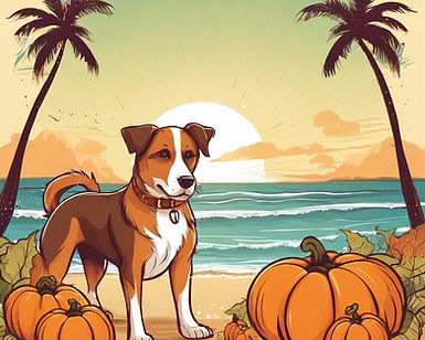 Dog on a beach with palm trees and pumpkins