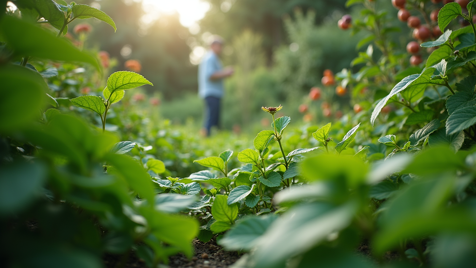 Eye-level view of a lush green garden with diverse plants