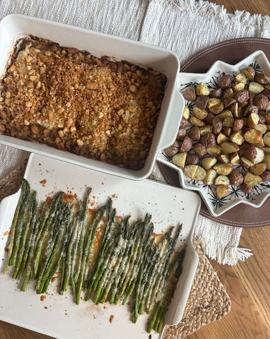 Chicken Caesar Bake with buttery crouton topping in a 9×13 dish