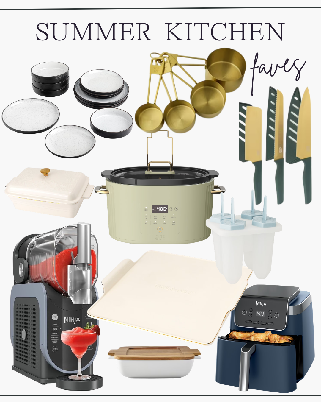 A collection of aesthetic kitchen tools and ceramic bowls on a light stone surface.