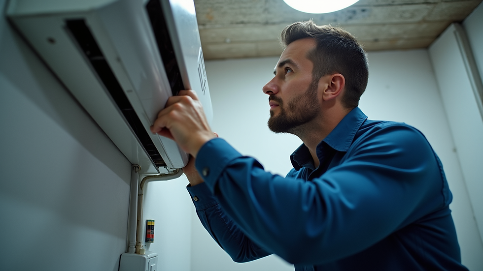 Eye-level view of a modern HVAC technician inspecting a heating unit