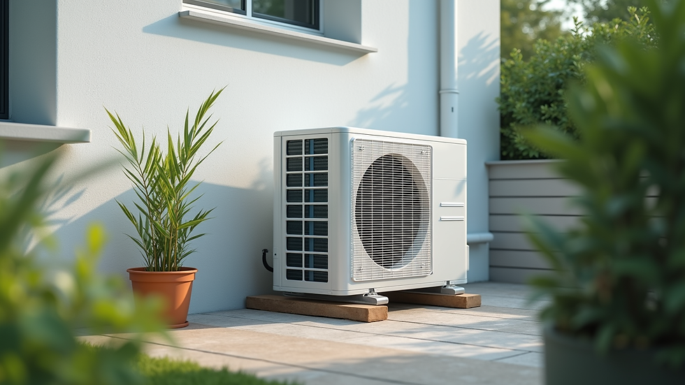 Eye-level view of outdoor air conditioning unit with clear space around it