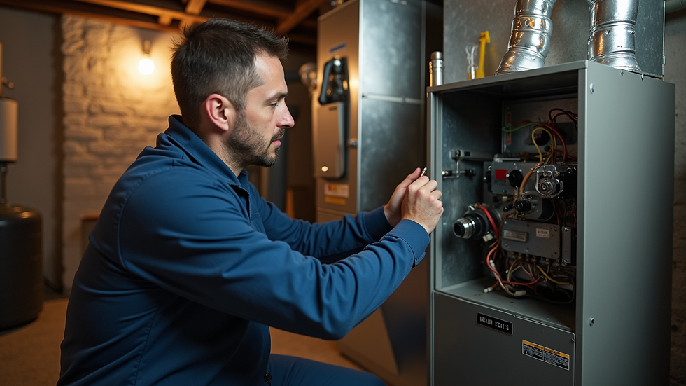 Eye-level view of a technician inspecting a furnace in a residential basement