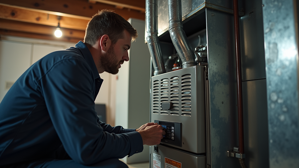 Eye-level view of a technician inspecting a furnace in a residential basement