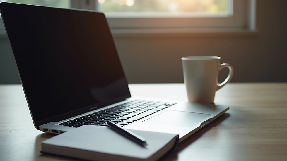 Eye-level view of a laptop with a notepad and coffee cup
