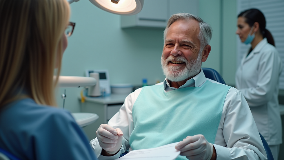 High angle view of a dental consultation with a patient and dentist discussing treatment options