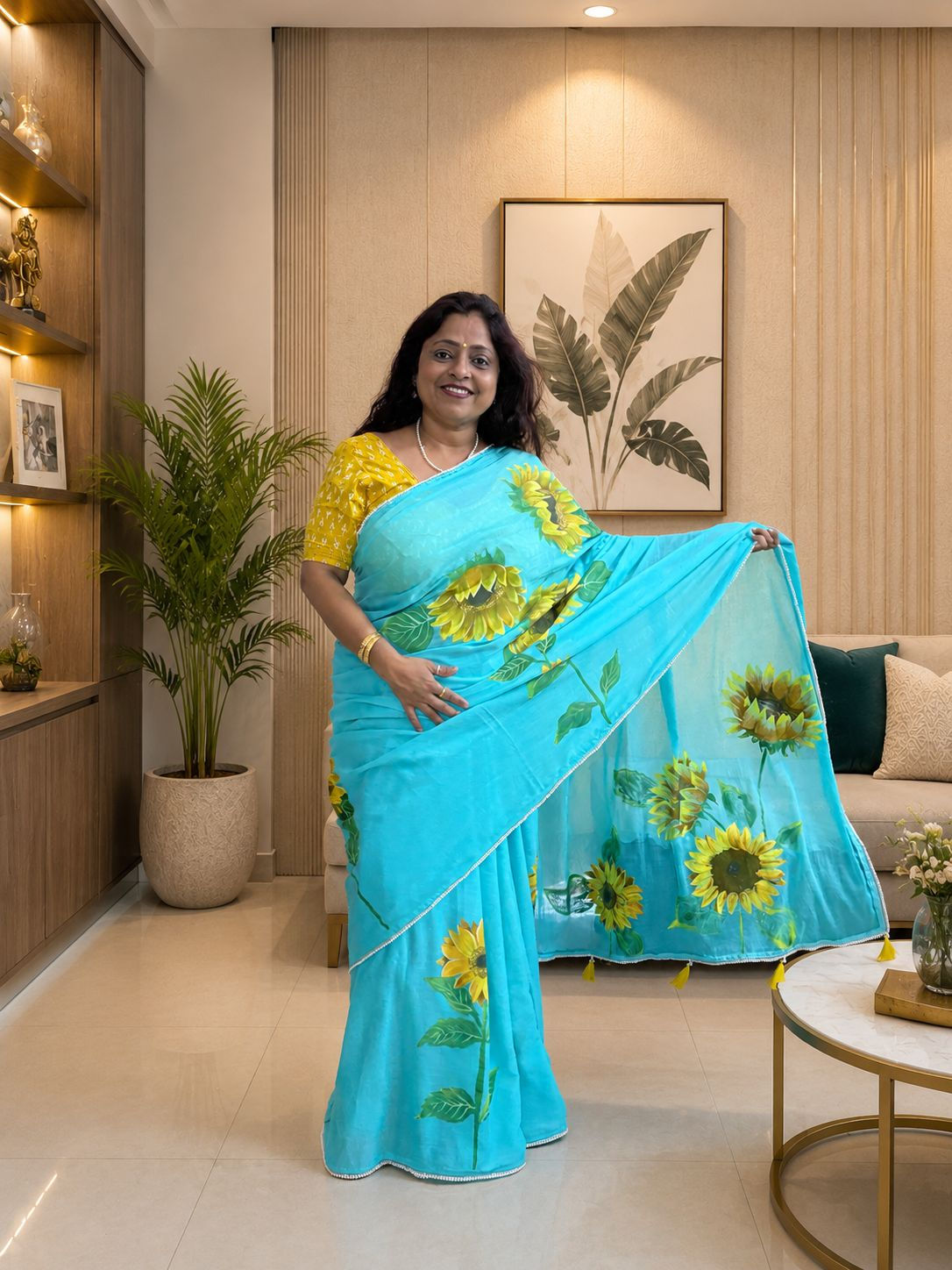 Aqua Blue Hand-Painted Sunflower Mul Cotton Saree