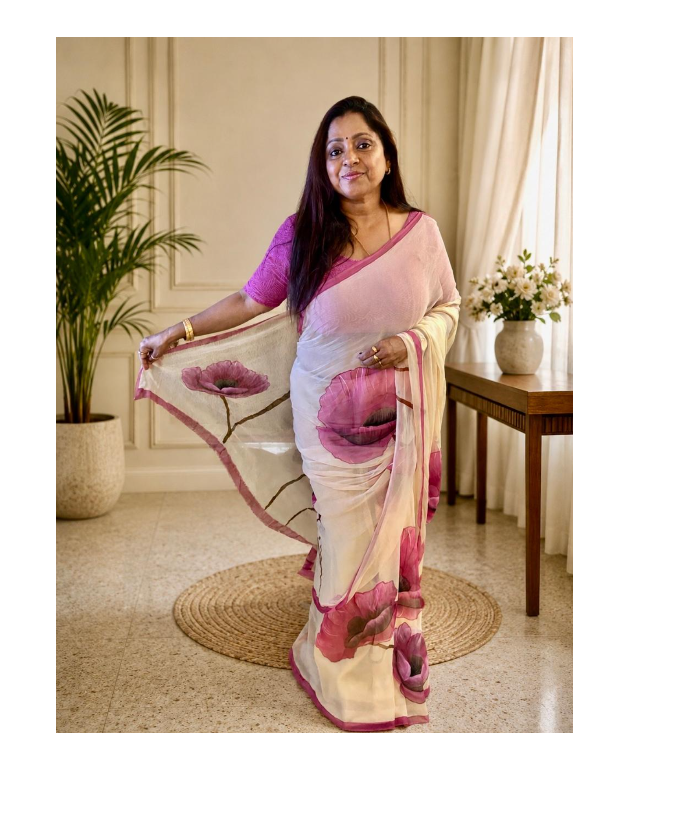 Hand-Painted Floral Chiffon Saree