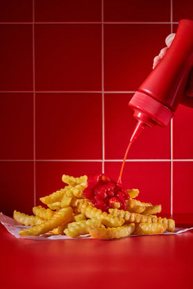 Arby’s crinkle-cut fries with ketchup being poured over them against a red tiled background.