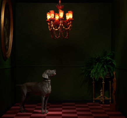 Grey dog standing in a dim green dining room under a chandelier made of meat, blending surrealism and food art.