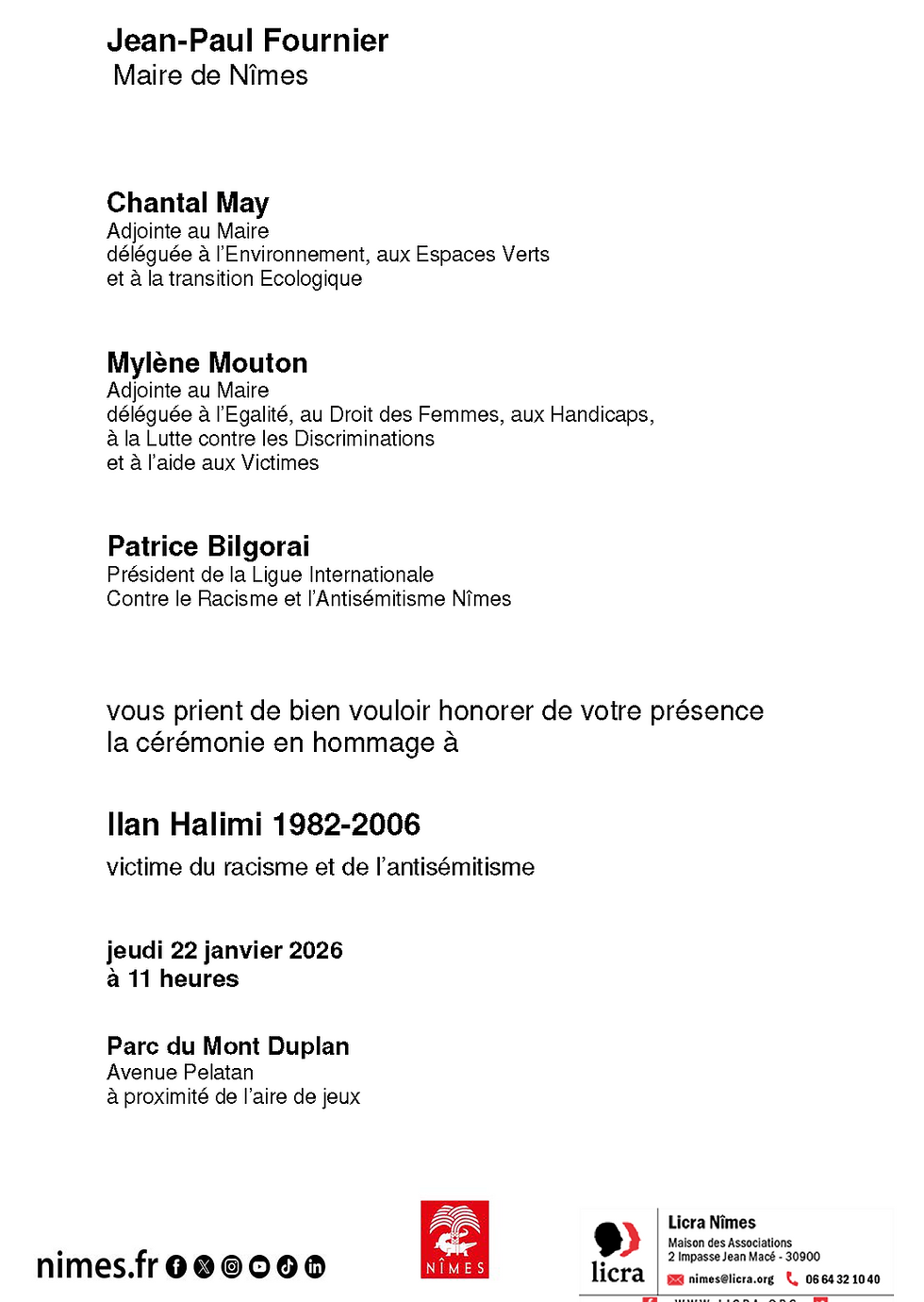 Jeudi 22 janvier 2026 à 11h00 au Mont Duplan - Nîmes - Cérémonie à la mémoire d'Ilan HALIMI