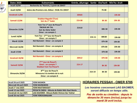 Horaires des Offices de Pessa'h