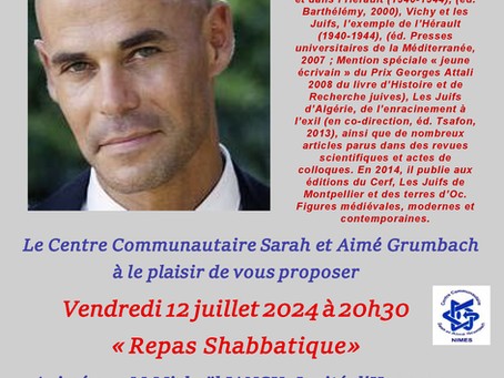 Repas Shabbatique au Centre Communautaire Sarah et Aimé Grumbach vendredi 12 juillet 2024