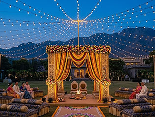 Yellow mandap with string lights at night by Kauvery Events