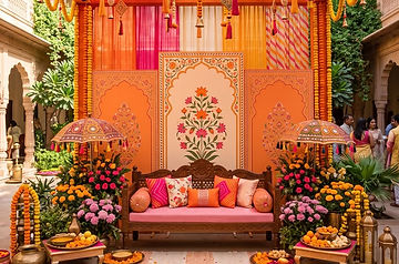 Colourful seating stage with floral decoration for a mehndi