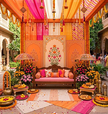 Backdrop and floor seating for mehndi in the living room in Jammu