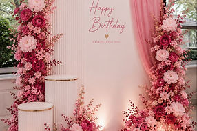 Pink floral birthday backdrop with Happy Birthday sign