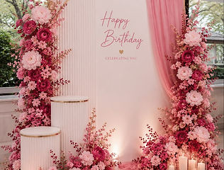 Pink floral Happy Birthday backdrop by Kauvery Events