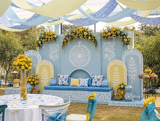 Blue and white wedding stage decoration by Kauvery Events