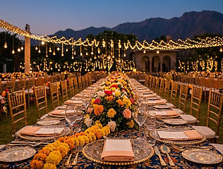Long dinner table with flowers and string lights by Kauvery Events