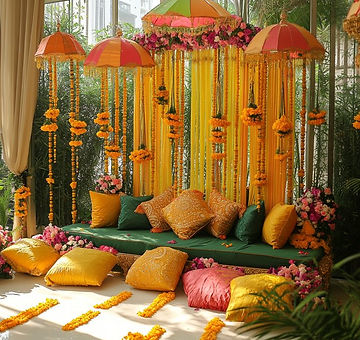 Yellow haldi function setup with umbrellas and floor seating