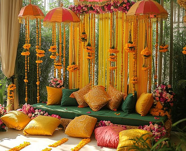 Marigold and floor seating setup for a mehndi at home in Jammu