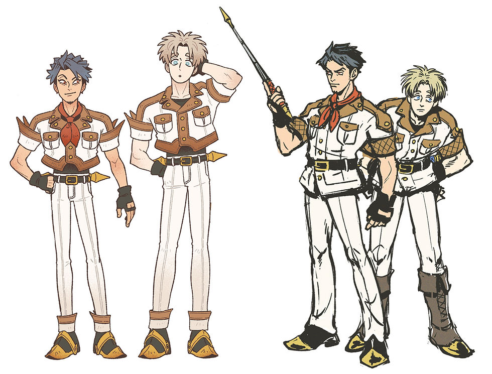 新旧等身デザイン。元々二人は別にいた主人公の先輩ポジだったんですが、その主人公より二人の話を考えてる方が楽しくて交代にしました。そのため初期は30代くらいでタッチも体格もゴリめ。そのままでは主人公にしてはカジュアルさがないので年齢を下げて全体的にスマートにしました。