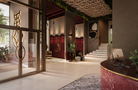 an artist 's impression of the lobby of a building