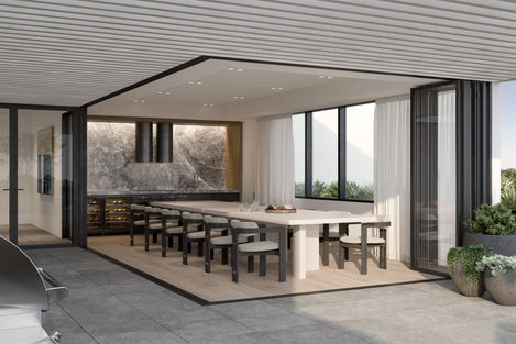 a dining room with a long table and chairs