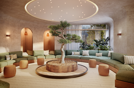 a living room with a tree in the middle of it