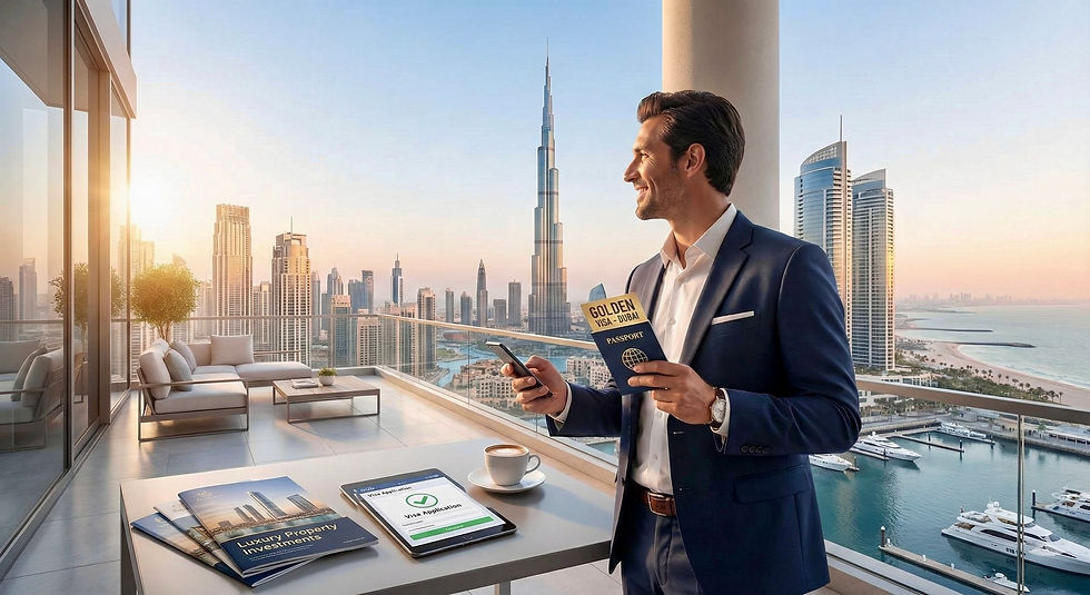 Man in a suit on a balcony in Dubai, holding a "Golden Visa" and phone. Overlooks marina and skyscrapers at sunset. Luxury brochures on table.