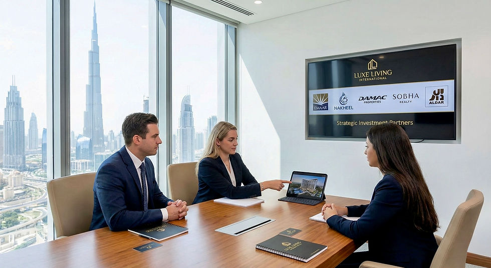 Three people in business attire sit at a conference table in a high-rise office. A woman points to a laptop showing a building. Company logos and "Strategic Investment Partners" are displayed on a screen. City skyline visible through large windows.