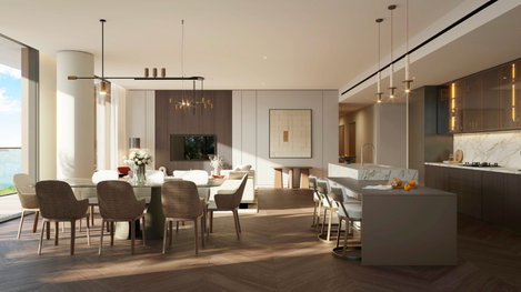 an artist 's impression of a living room and dining room