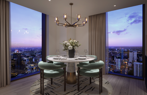 a dining room with a table and chairs and a view of the city