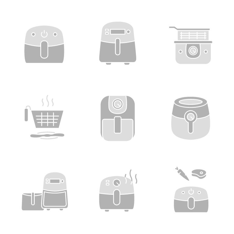 Airfryer icons, air fryer cooking electronics symbols, cooking machine pictograms