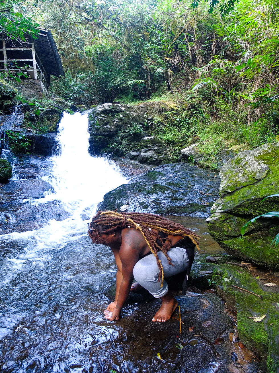 GIRL DRINKS FROM WATERFALL (GREEN, BROWN WHITE)