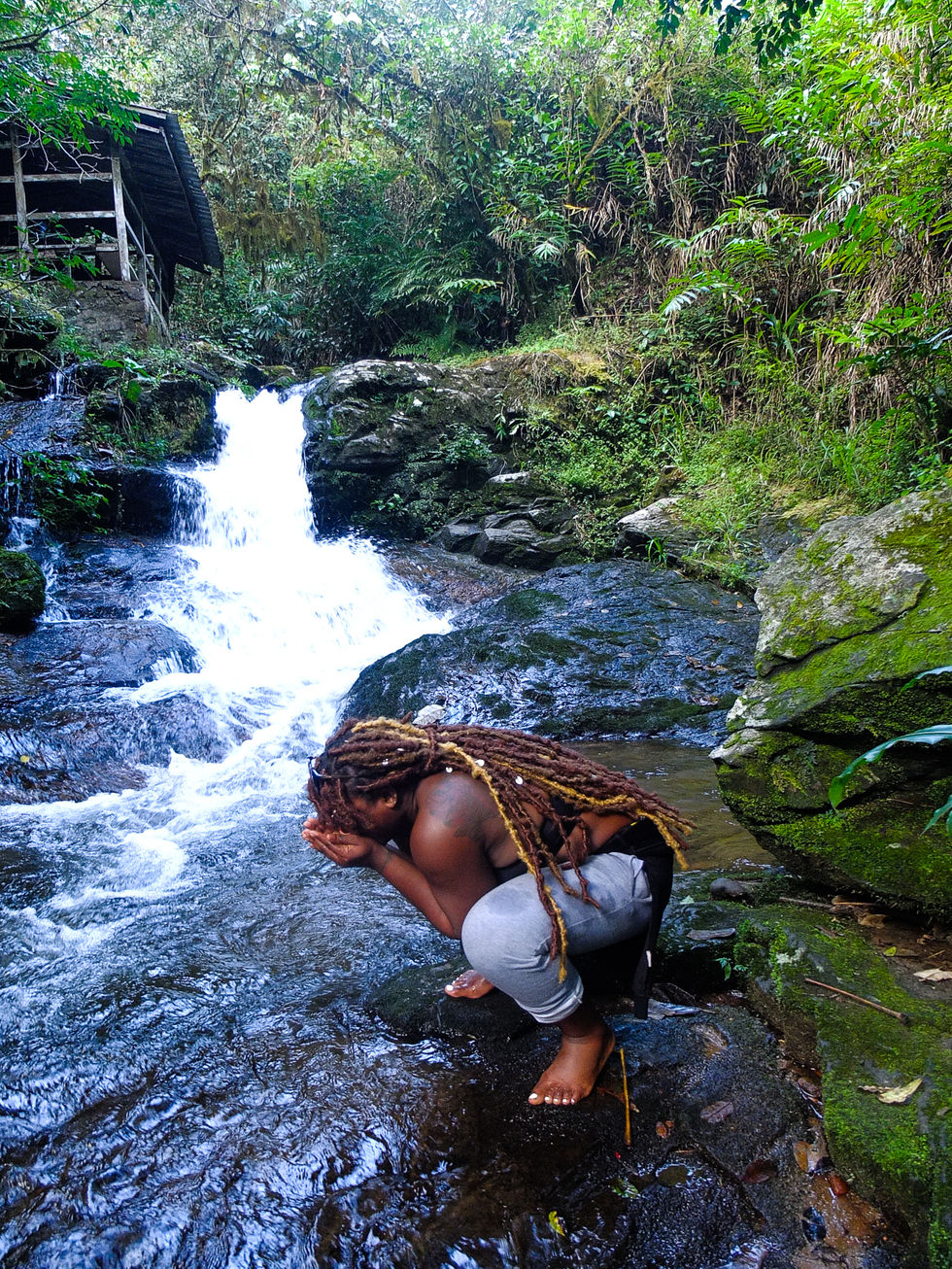 GIRL DRINKS FROM WATERFALL (GREEN, BROWN WHITE)(2)