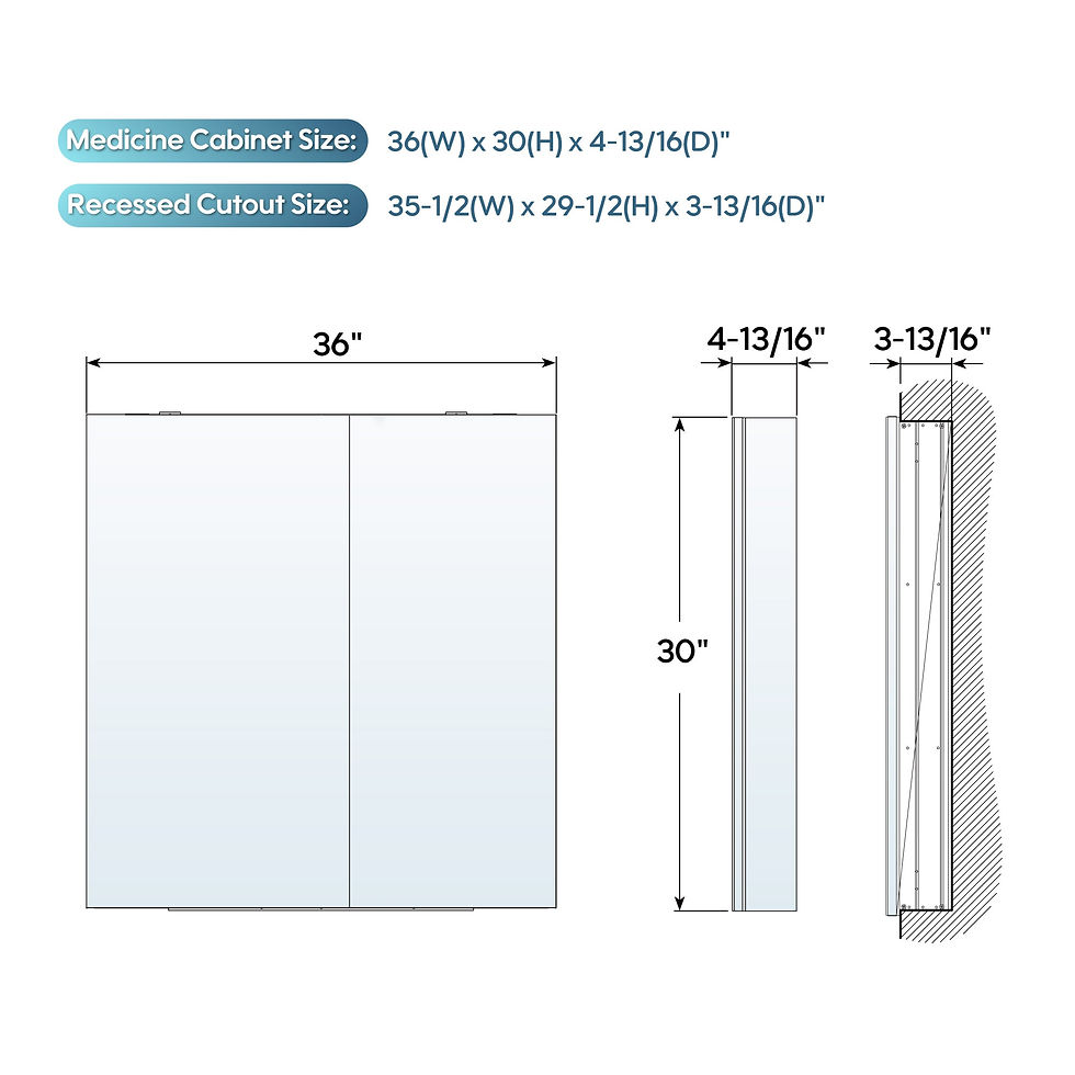 Miniatura: 36 in. x30 in. Copper-Free Tri-Views Mirror Medicine Cabinet with Adjustable
