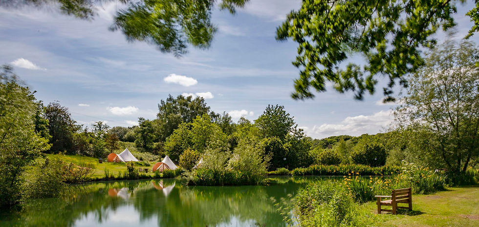 picture of glamping tents at lloyds meadow with tents set next to the lake