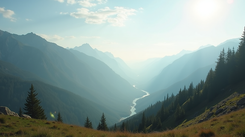Wide angle view of a serene mountain landscape