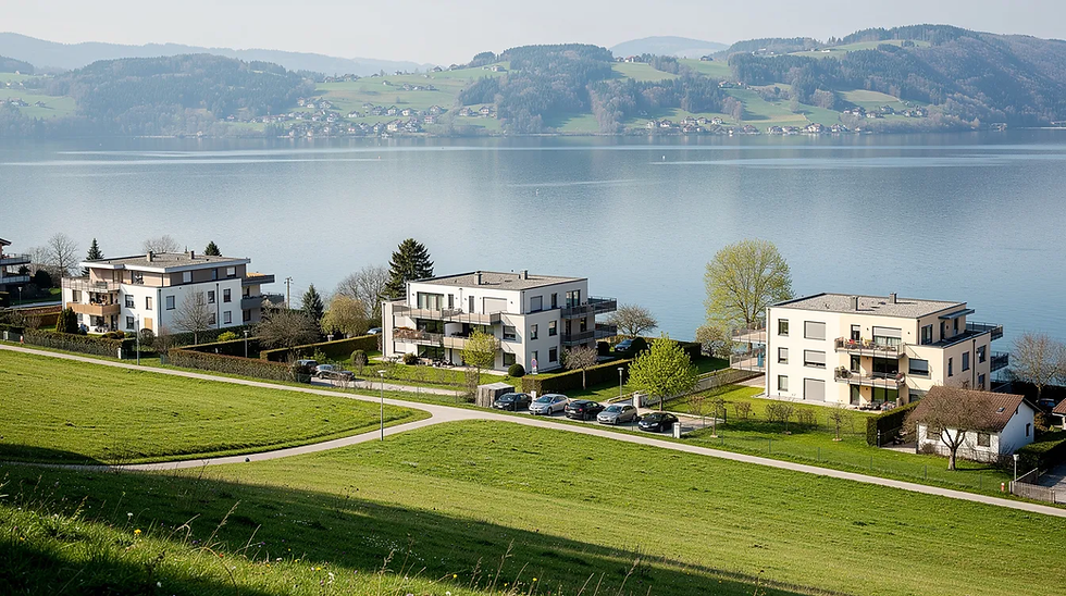 Die Szene zeigt eine ruhige Wohnsiedlung in Cham am Zugersee, umgeben von grünen Wiesen und vereinzelten Mehrfamilienhäusern. Im Hintergrund sind der klare See und die sanften Hügel zu sehen, was die Umgebung ideal für die Wohnungssuche und das Wohnen in der Region macht.